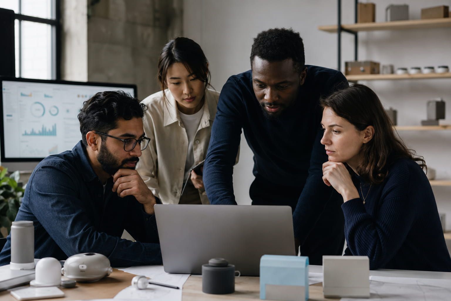 Digital product team collaborating at a screen