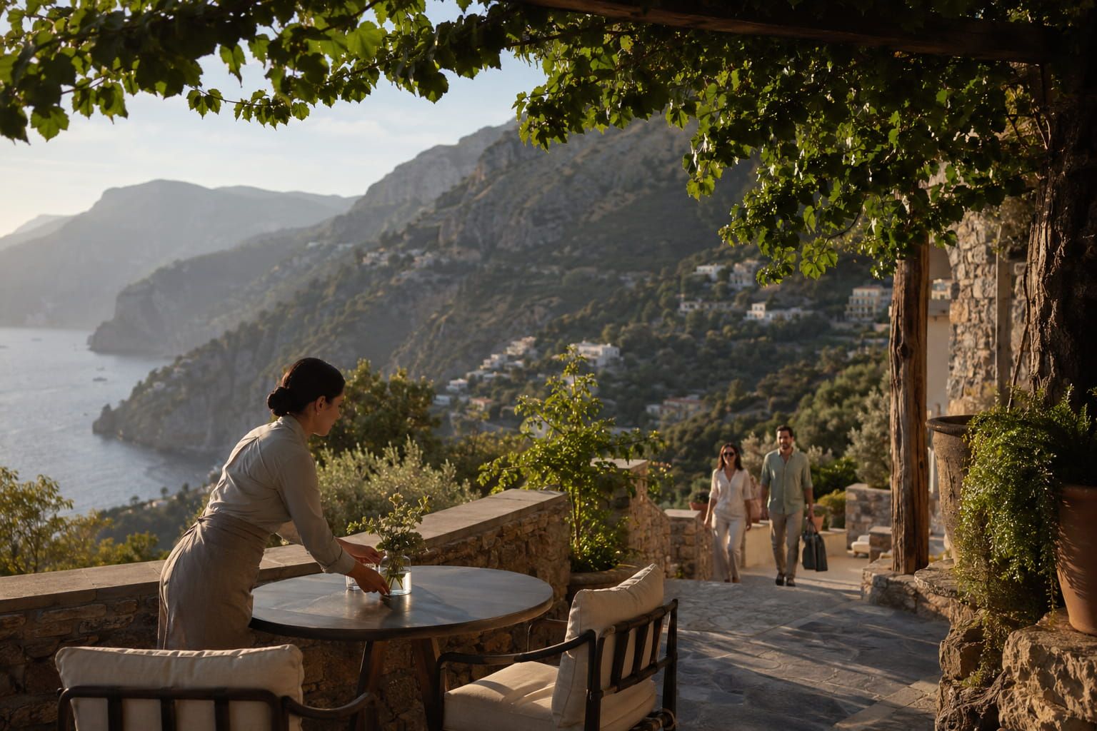 Travelers overlooking a mountain destination