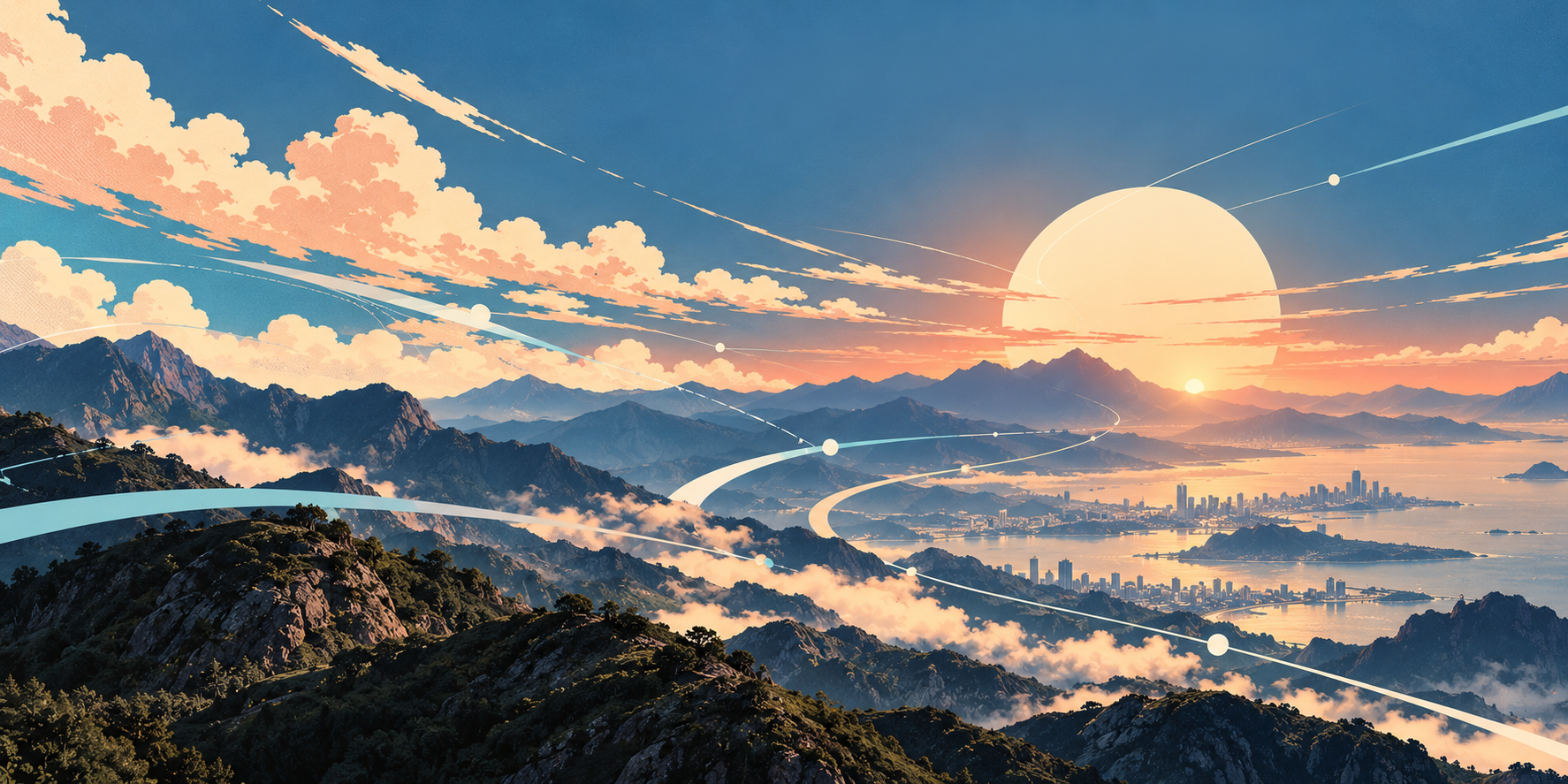 Illustrated mountain landscape with routes flowing toward a modern city